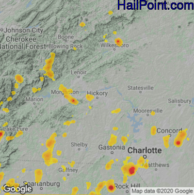 Hail Map for Hickory, NC Region on July 21, 2020