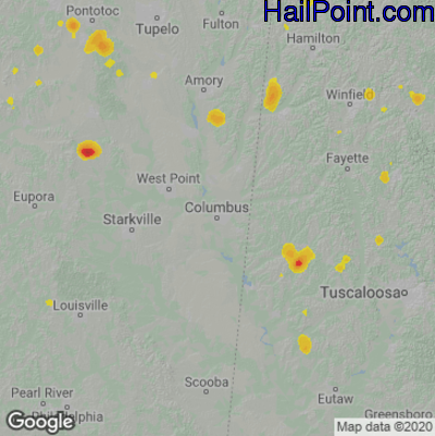 Hail Map for Columbus, MS Region on July 21, 2020