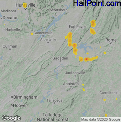 Hail Map for Gadsen, AL Region on July 21, 2020