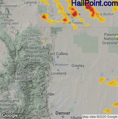 Hail Map for Fort Collins, CO Region on July 21, 2020
