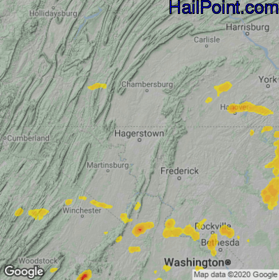 Hail Map for Hagerstown, MD Region on July 22, 2020
