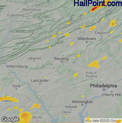 Hail Map for Reading, PA Region on July 22, 2020
