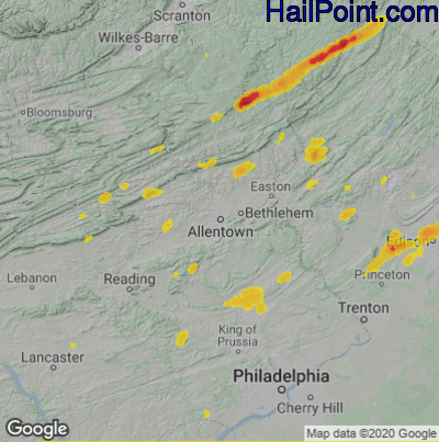 Hail Map for Allentown, PA Region on July 22, 2020