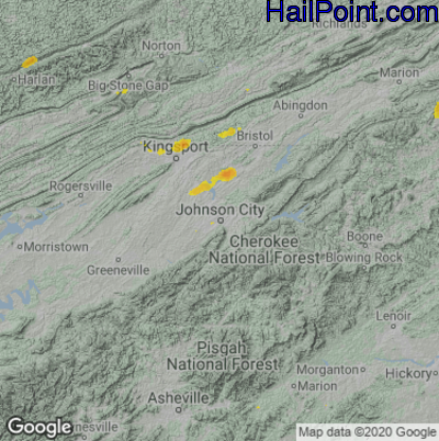 Hail Map for Johnson City, TN Region on July 22, 2020