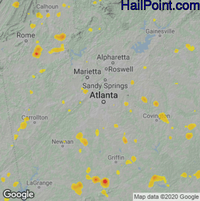 Hail Map for Atlanta, GA Region on July 25, 2020
