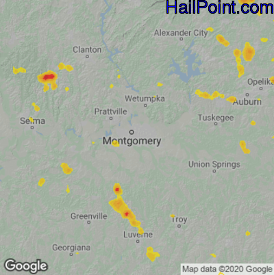 Hail Map for Montgomery, AL Region on July 25, 2020