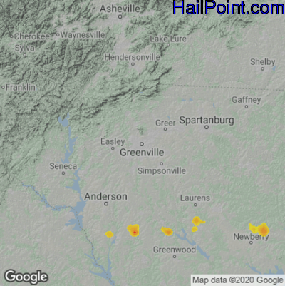 Hail Map for Greenville, SC Region on July 25, 2020