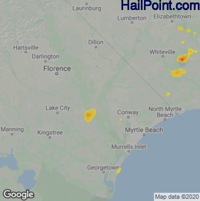 Hail Map for Myrtle Beach, SC Region on July 28, 2020