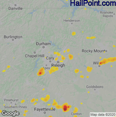 Hail Map for Raleigh, NC Region on July 28, 2020