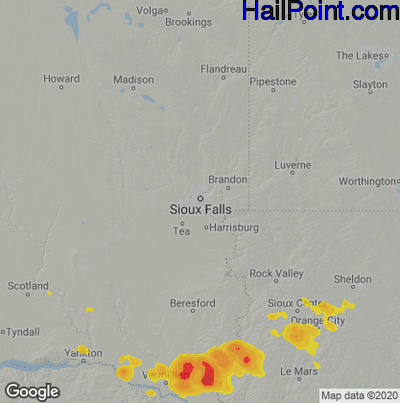 Hail Map for Sioux Falls, SD Region on July 28, 2020