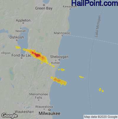 Hail Map for Sheboygan, WI Region on July 28, 2020