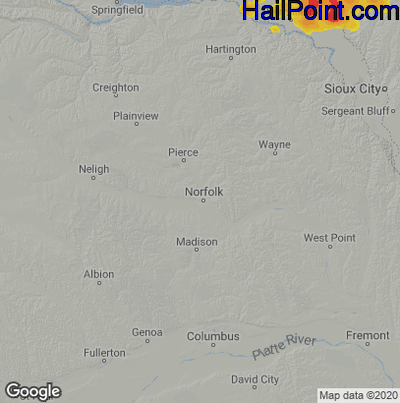 Hail Map for Norfolk, NE Region on July 28, 2020