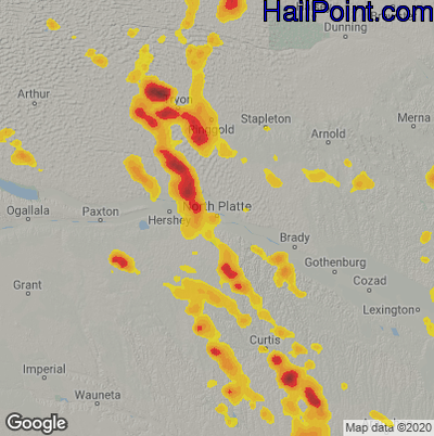 Hail Map for North Platte, NE Region on July 29, 2020