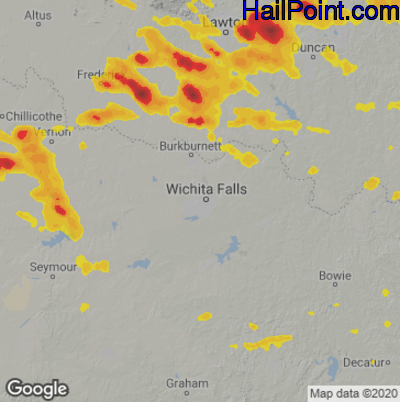Hail Map for Wichita Falls, TX Region on July 30, 2020