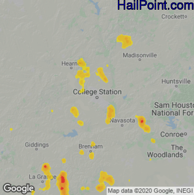 Hail Map for College Station, TX Region on August 2, 2020