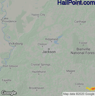 Hail Map for Jackson, MS Region on August 2, 2020