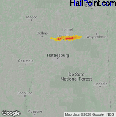 Hail Map for Hattiesburg, MS Region on August 2, 2020