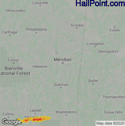 Hail Map for Meridan, MS Region on August 2, 2020