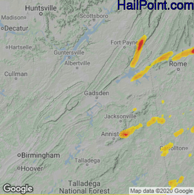 Hail Map for Gadsen, AL Region on August 3, 2020 