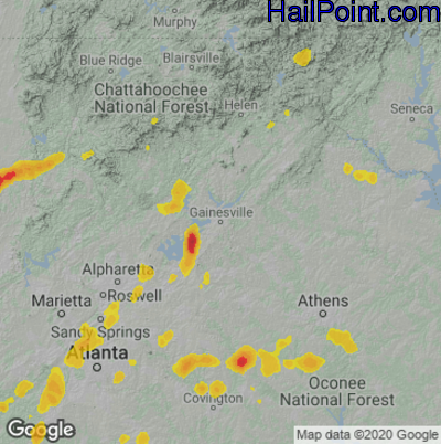 Hail Map for Gainsville, GA Region on August 3, 2020