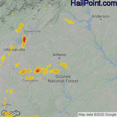Hail Map for Athens, GA Region on August 3, 2020