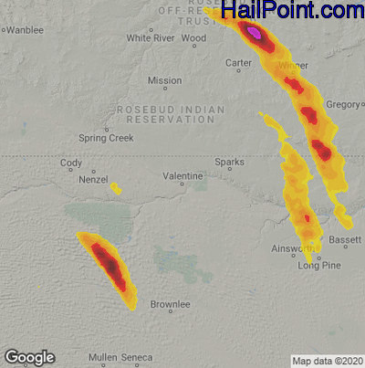 Hail Map for Valentine, NE Region on August 4, 2020
