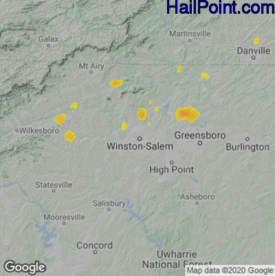 Hail Map for Winston-Salem, NC Region on August 6, 2020