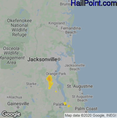 Hail Map for Jacksonville, FL Region on August 6, 2020