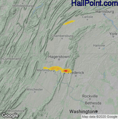 Hail Map for Hagerstown, MD Region on August 7, 2020