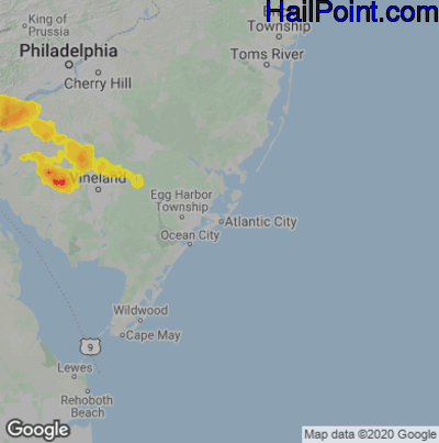 Hail Map for Atlantic City, NJ Region on August 7, 2020