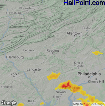Hail Map for Reading, PA Region on August 7, 2020