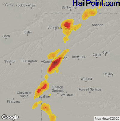 Hail Map for Goodland, KS Region on August 8, 2020