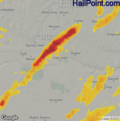 Hail Map for Valentine, NE Region on August 9, 2020