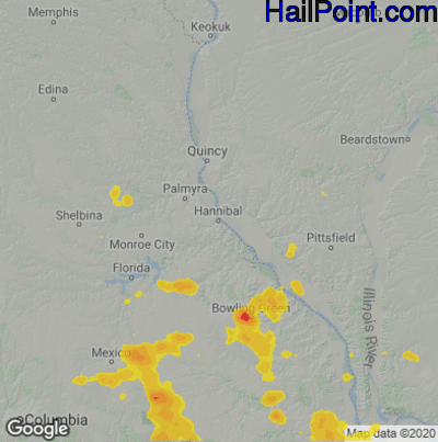 Hail Map for Hannibal, MO Region on August 9, 2020
