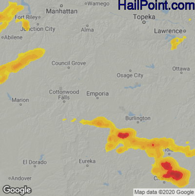 Hail Map for Emporia, KS Region on August 9, 2020
