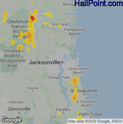 Hail Map for Jacksonville, FL Region on August 9, 2020