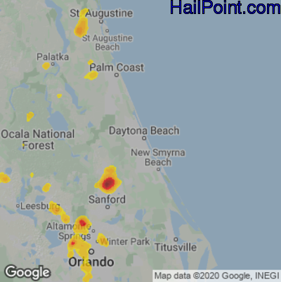 Hail Map for Daytona Beach, FL Region on August 9, 2020