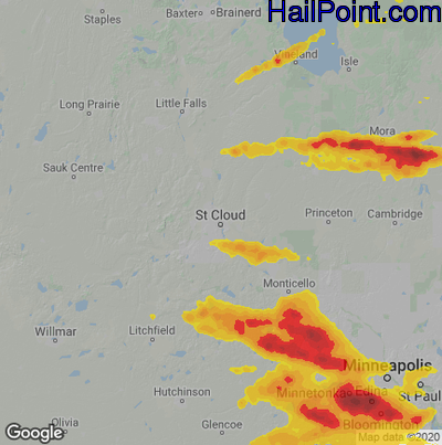 Hail Map for St Cloud, MN Region on August 10, 2020