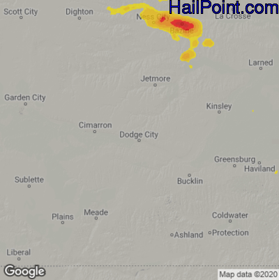 Hail Map for Dodge City, KS Region on August 10, 2020