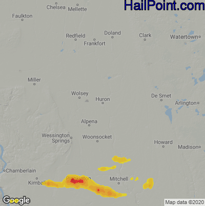 Hail Map for Huron, SD Region on August 10, 2020