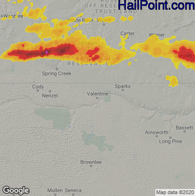 Hail Map for Valentine, NE Region on August 10, 2020