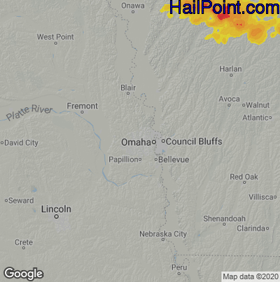 Hail Map for Omaha, NE Region on August 10, 2020