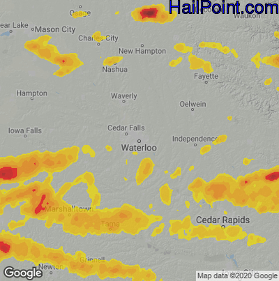 Hail Map for Waterloo, IA Region on August 10, 2020