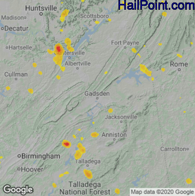 Hail Map for Gadsen, AL Region on August 10, 2020