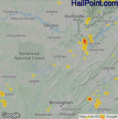Hail Map for Cullman, AL Region on August 10, 2020 