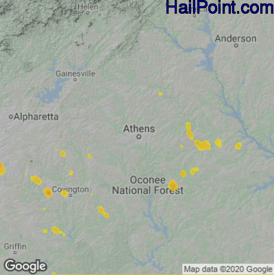 Hail Map for Athens, GA Region on August 10, 2020 