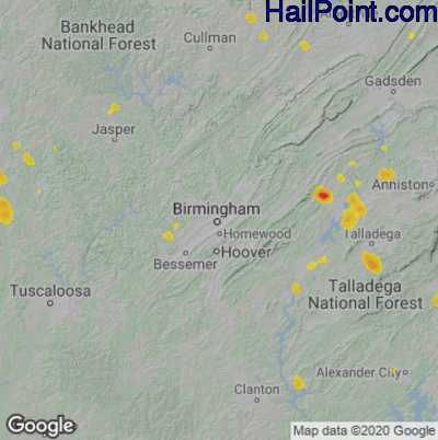 Hail Map for Birmingham, AL Region on August 10, 2020