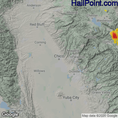 Hail Map for Chico, CA Region on August 11, 2020