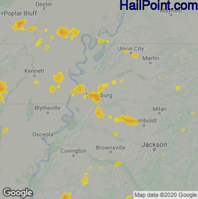 Hail Map for Dyersburg, TN Region on August 11, 2020