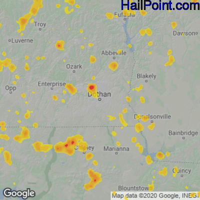 Hail Map for Dothan, AL Region on August 11, 2020